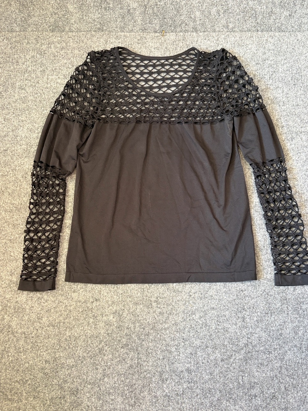 VENUS Black Long Sleeve Crochet Mesh Yoke & Sleeve Top